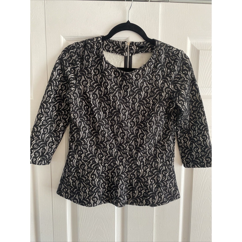 J.Crew Peplum Lace Top Womens Size XS Black White Floral Cutout Back Zip 3/4 Slv